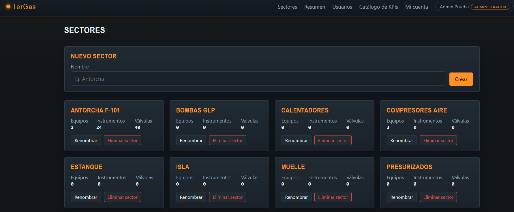 Sistema TerGas: panel de sectores de planta con conteo de equipos, instrumentos y válvulas
